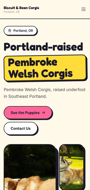 Biscuit & Bean Corgis demo website on a phone