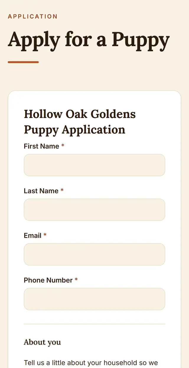 A demo puppy application form on a phone