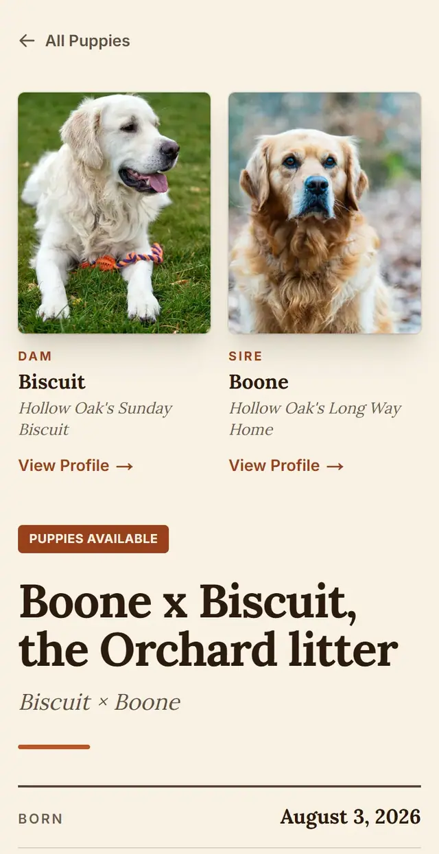 A demo litter page on a phone showing the dam, the sire and the litter's dates