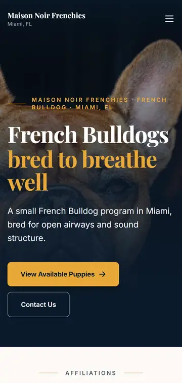 Maison Noir Frenchies demo website on a phone