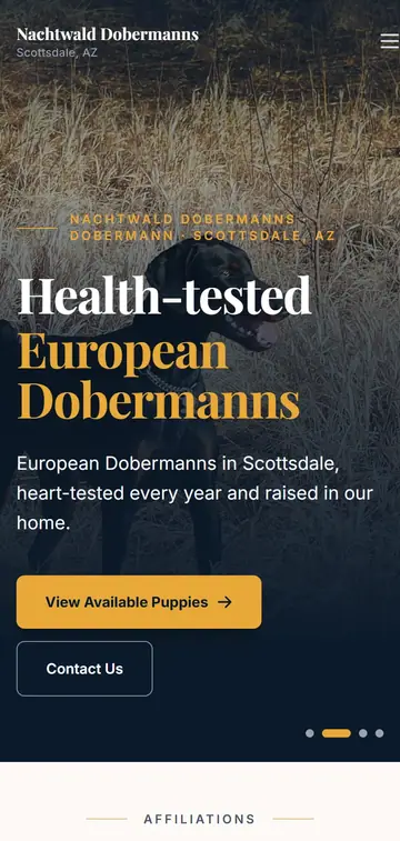 Nachtwald Dobermanns demo website on a phone