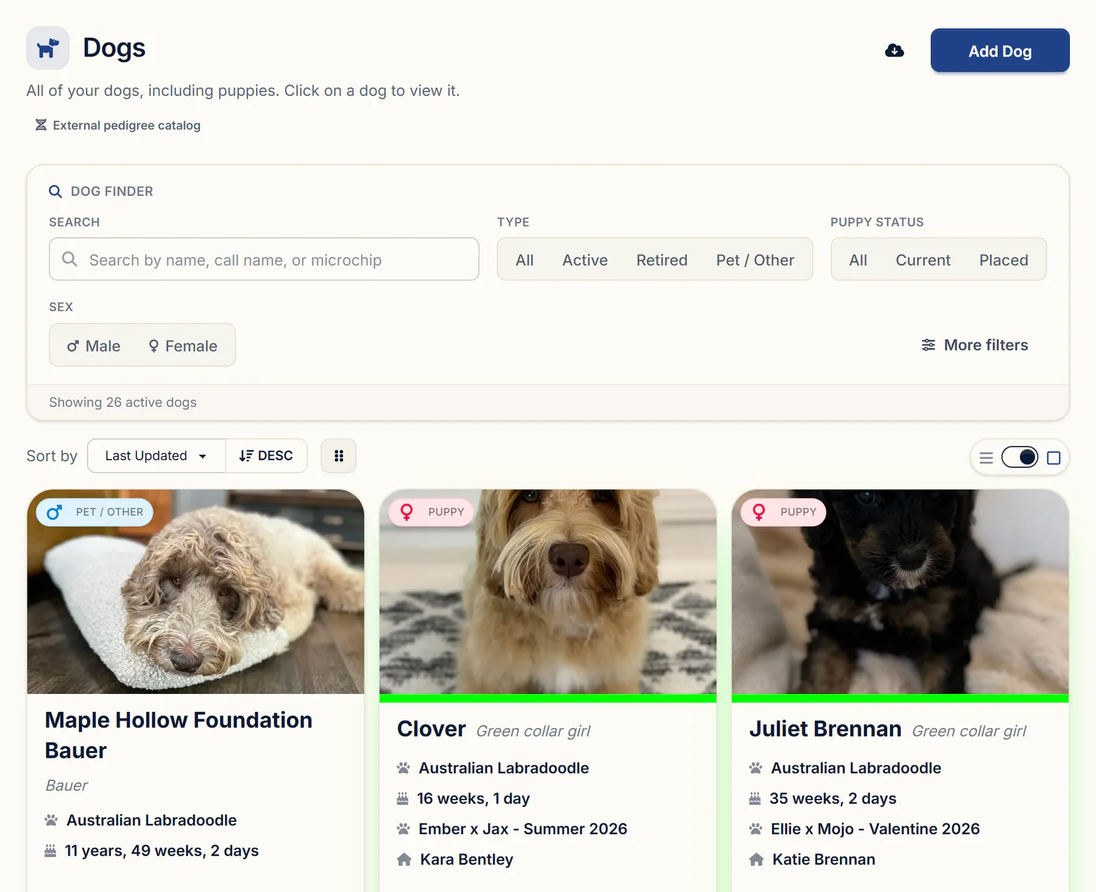 The Dogs page in BreederBuddy with the External pedigree catalog link under the title and dog cards below