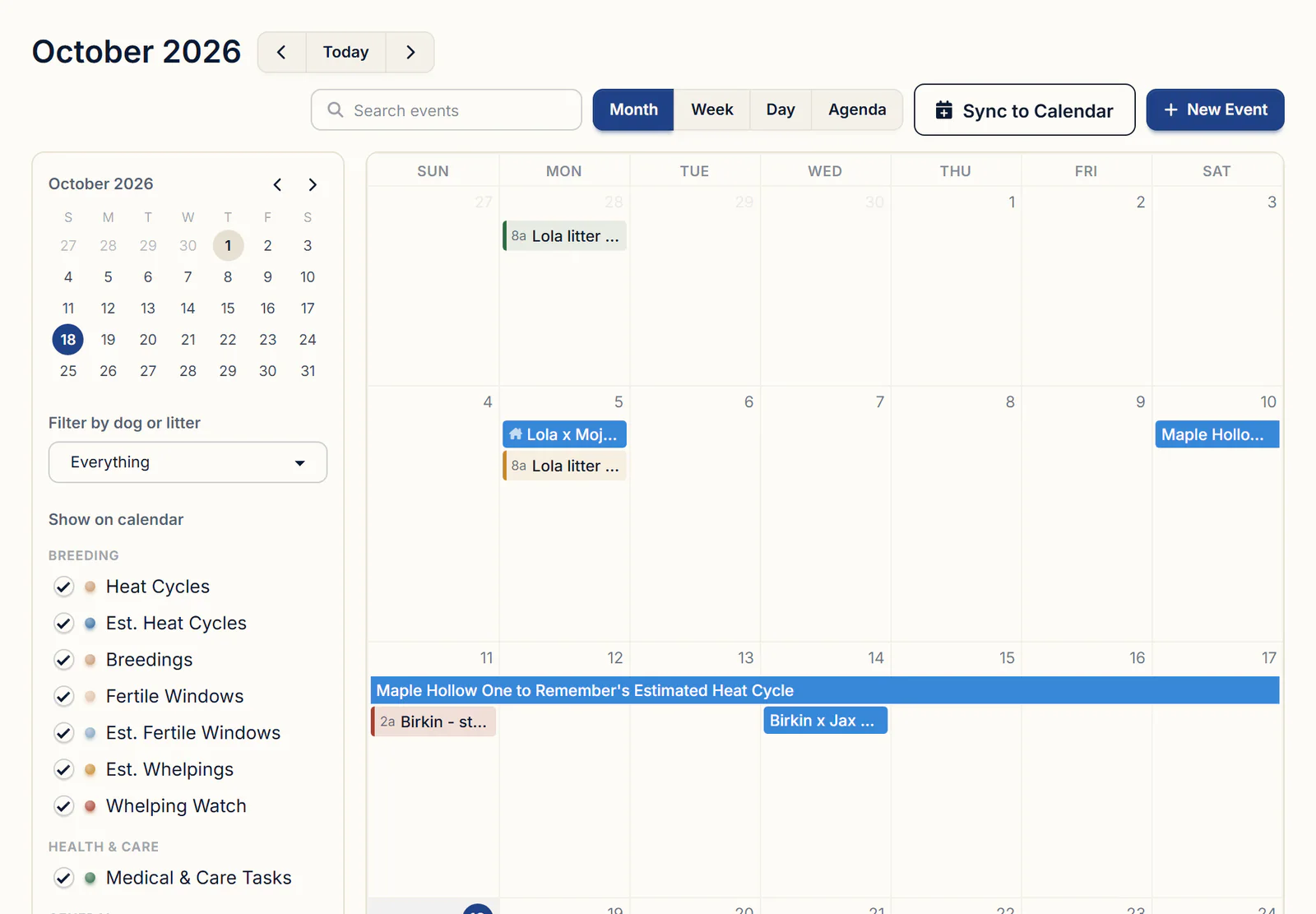 October calendar month view with a female's Estimated Heat Cycle bar and the Show on calendar filter panel