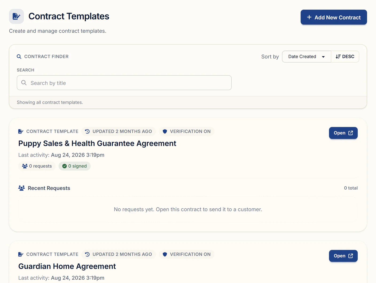Contract Templates in BreederBuddy with a puppy sales agreement card and the Guardian Home Agreement below it