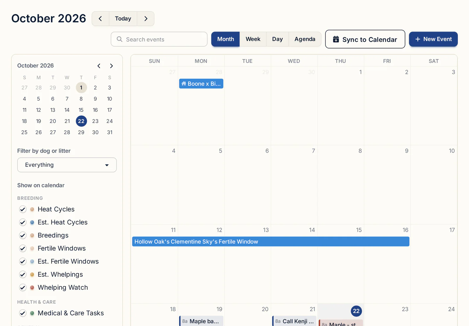 BreederBuddy calendar month view with heat cycles, fertile windows, litter events and care tasks