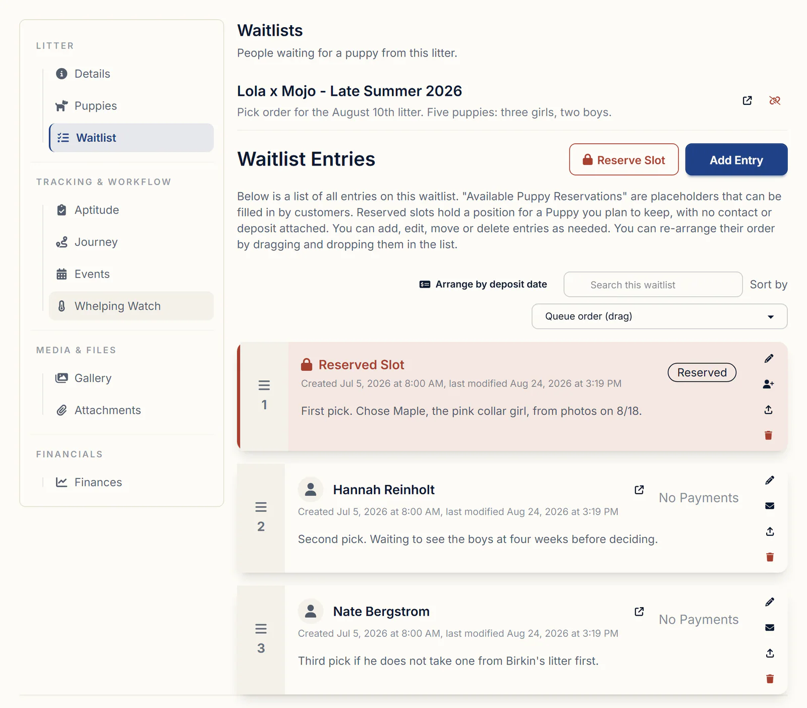 A litter's Waitlist tab in BreederBuddy with the linked waitlist's entries in pick order, notes and payment status