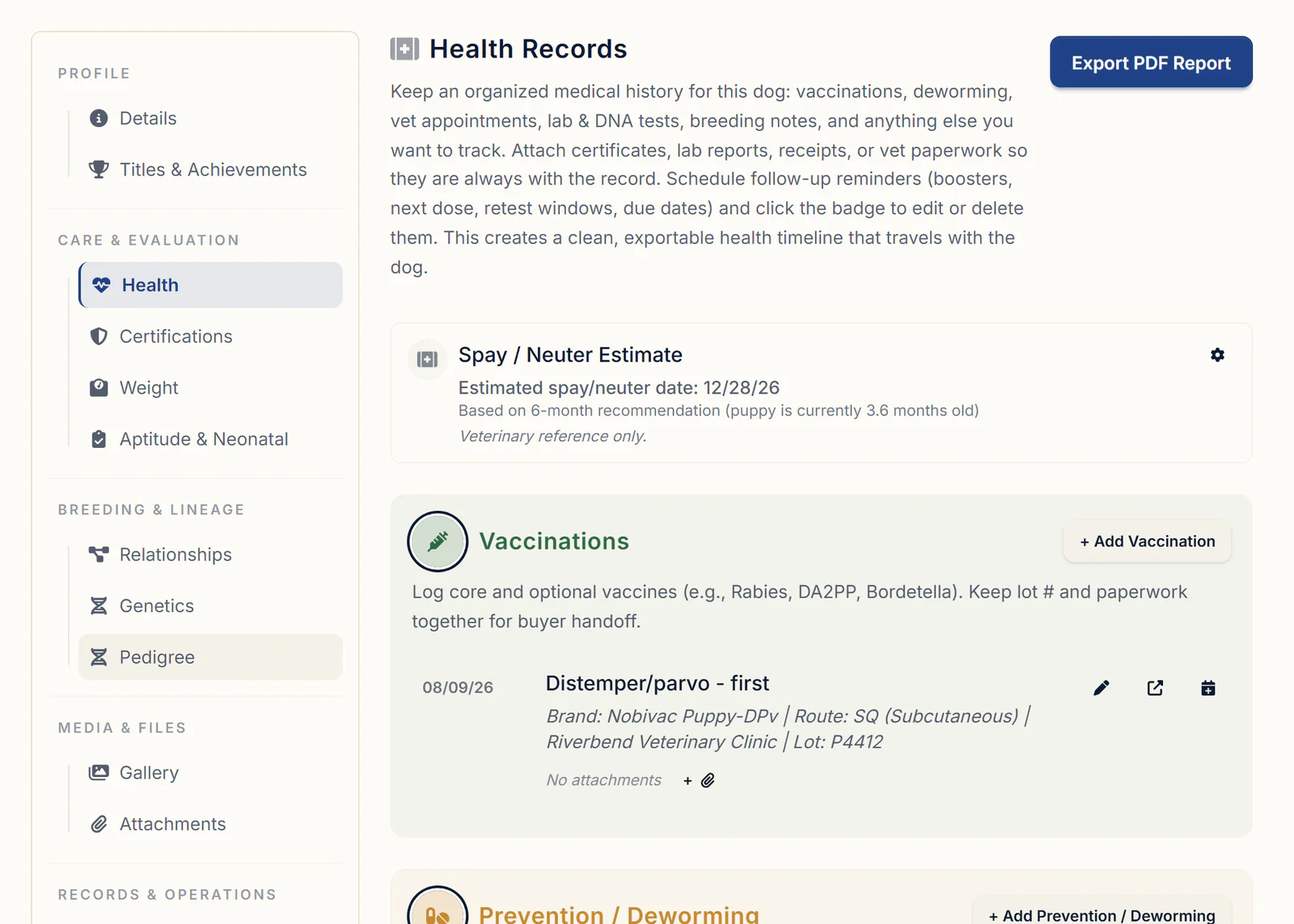 A puppy's Health tab in BreederBuddy: a spay/neuter estimate and a first distemper/parvo vaccine with brand, clinic and lot