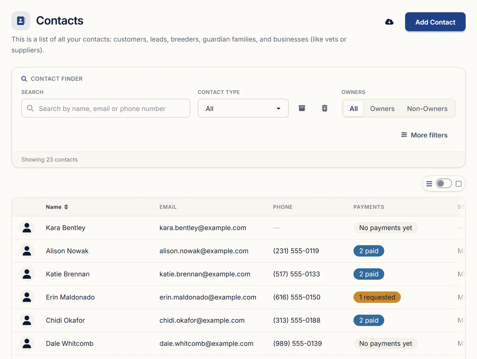 BreederBuddy Contacts list of buyers with email, phone, payment status and location