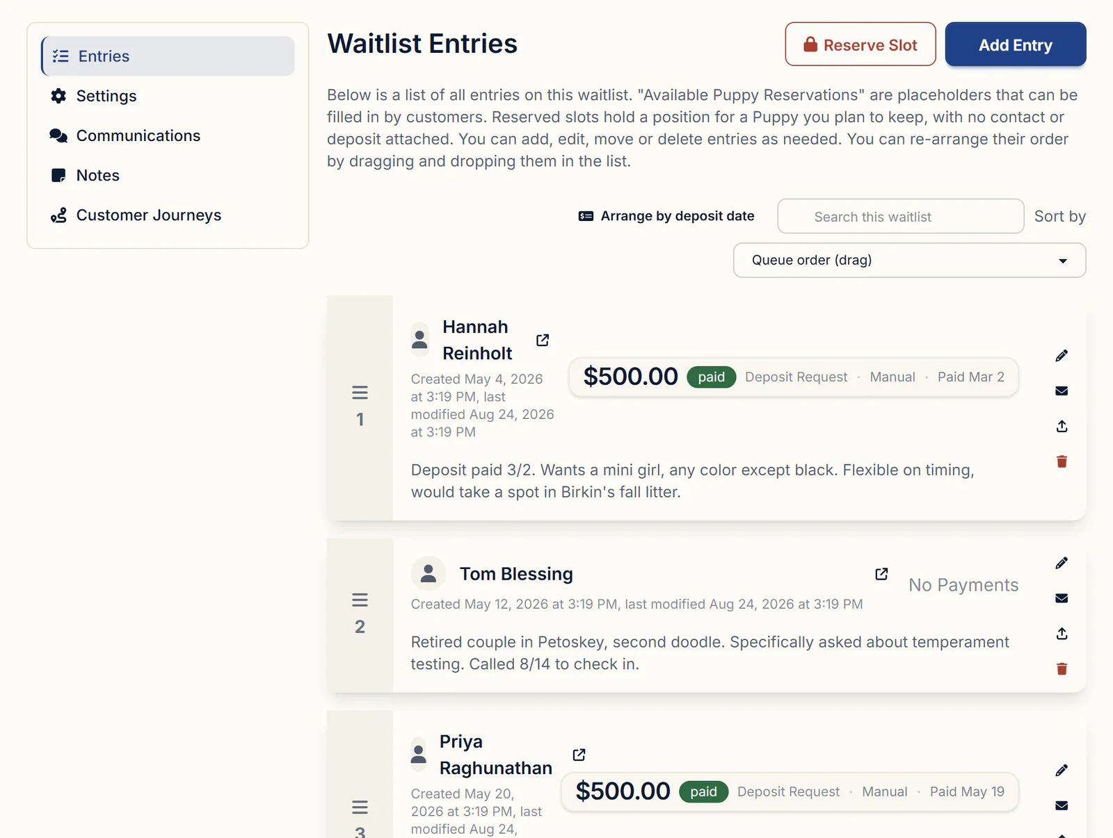 A puppy waitlist in BreederBuddy with numbered buyers, deposit status and a private note on each entry