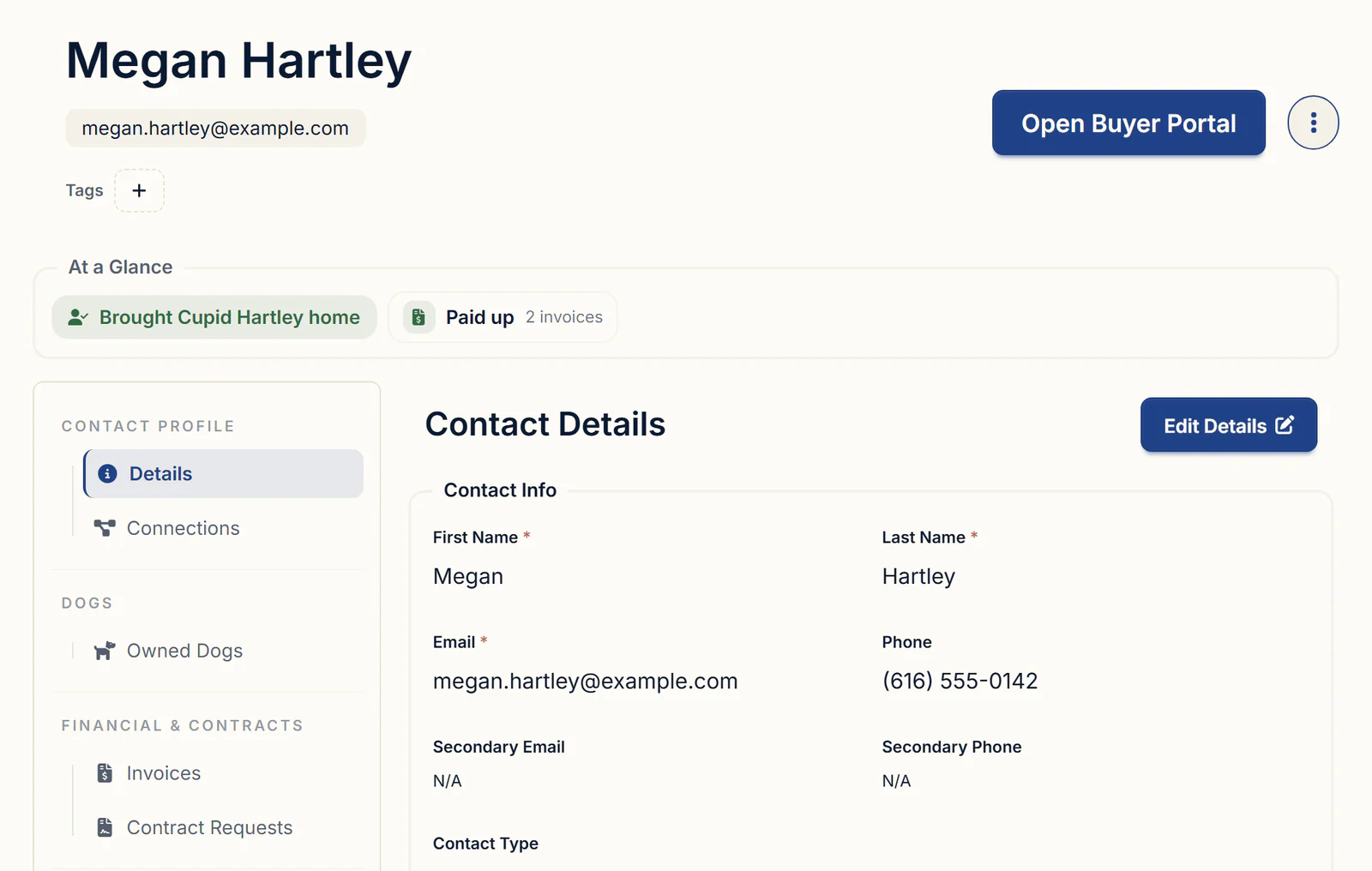 A puppy buyer's record with At a Glance badges for a puppy brought home and invoices paid up