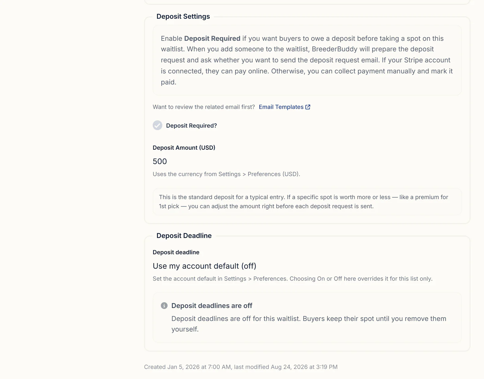 A puppy waitlist's Deposit Settings in BreederBuddy with Deposit Required ticked and a $500 deposit