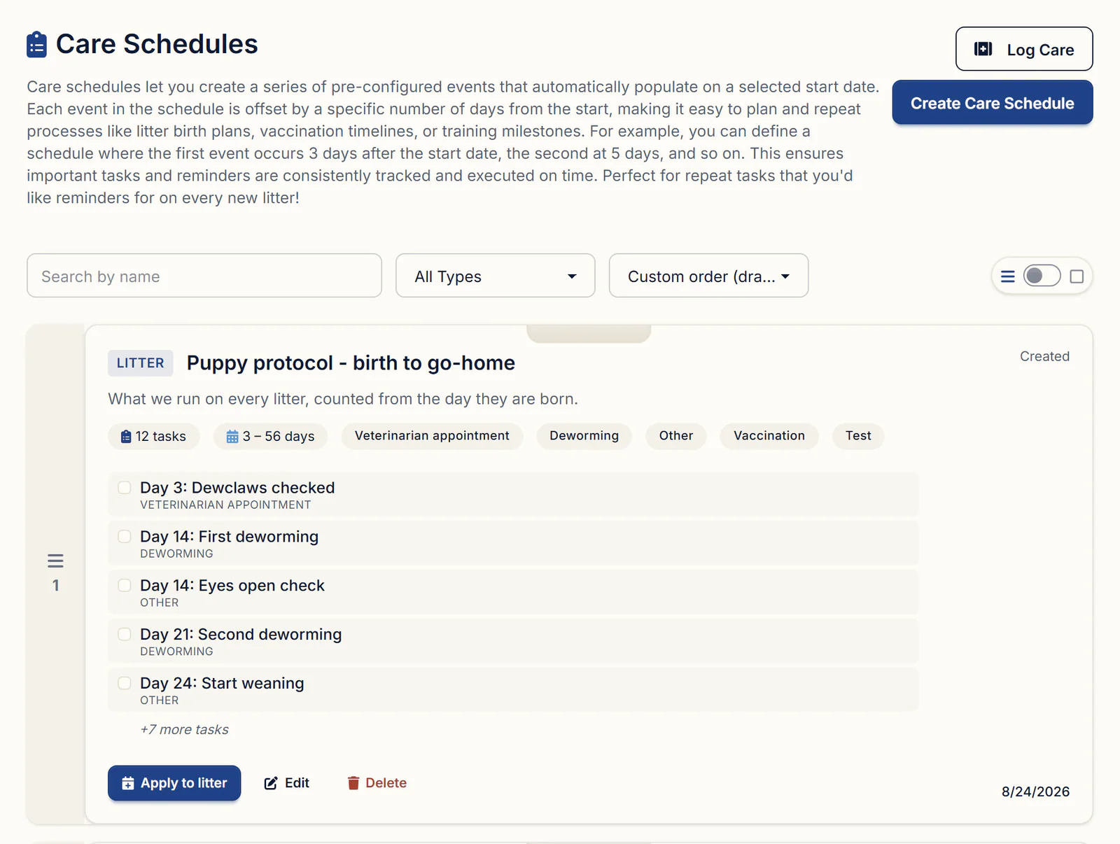 BreederBuddy's Care Schedules page with a litter schedule's tasks listed by day and an Apply to litter button