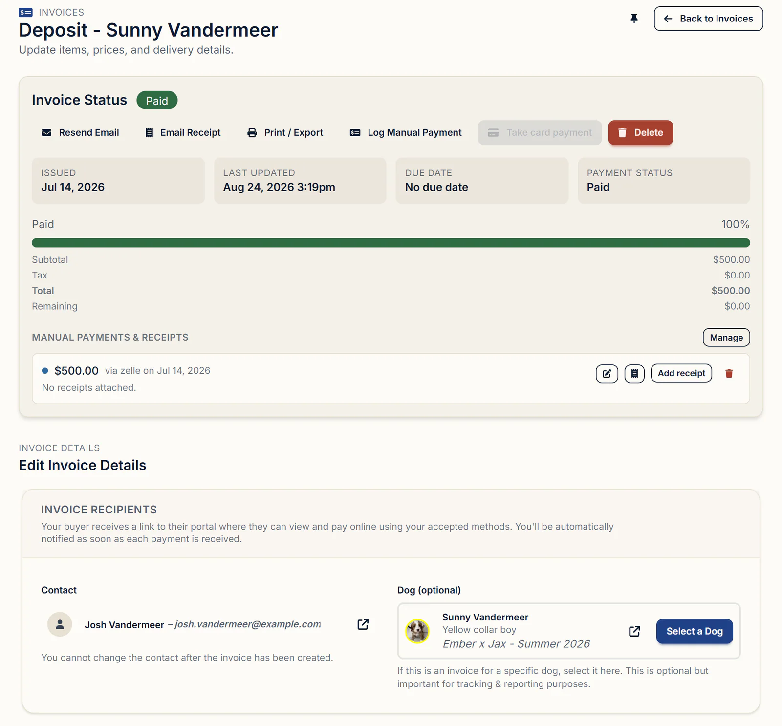 A paid $500 puppy deposit invoice in BreederBuddy with a Zelle payment logged under Manual Payments & Receipts