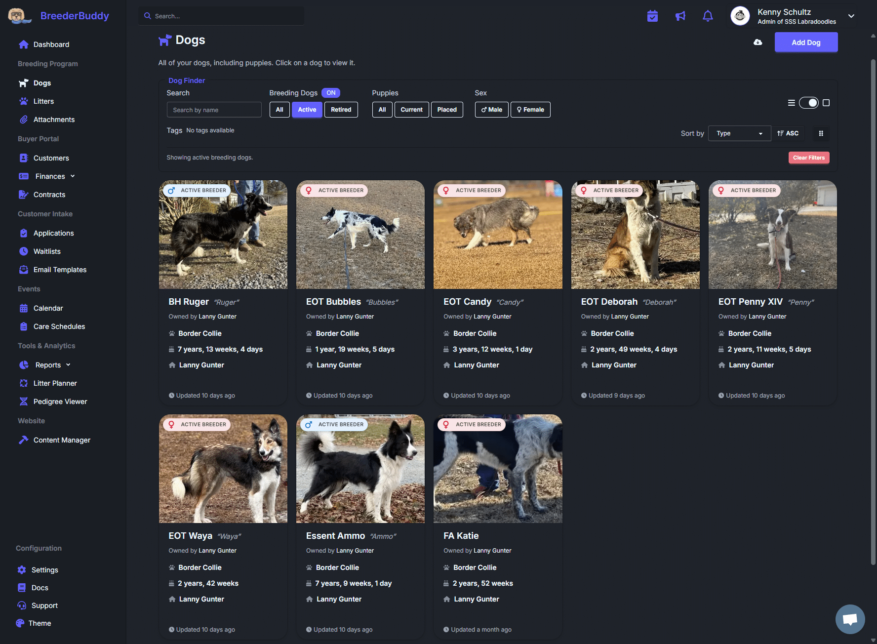 BreederBuddy dog breeding software dashboard