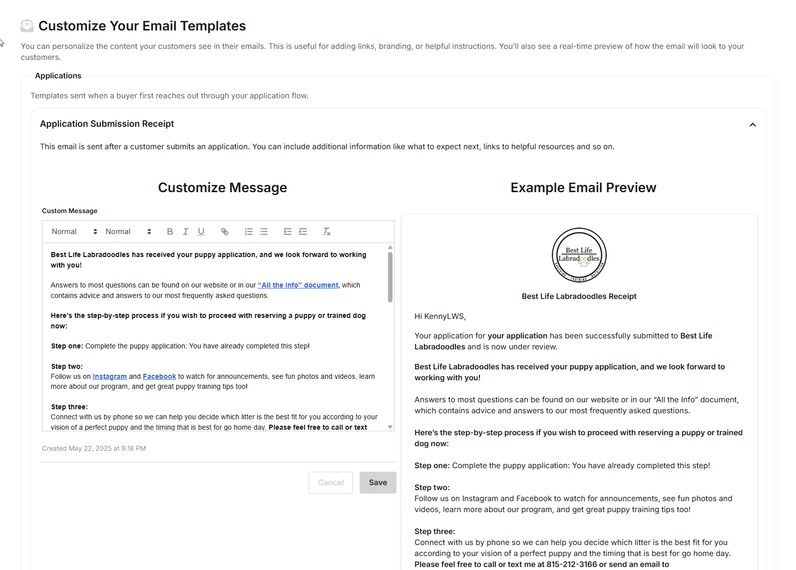 Automated buyer email templates in BreederBuddy