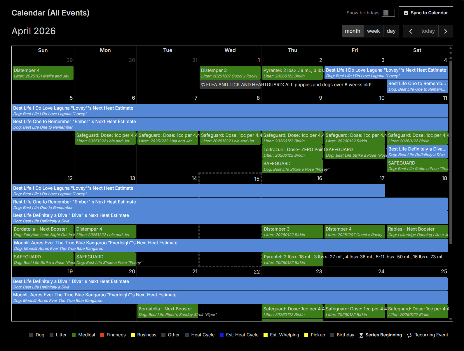 Breeding calendar and reminders in BreederBuddy