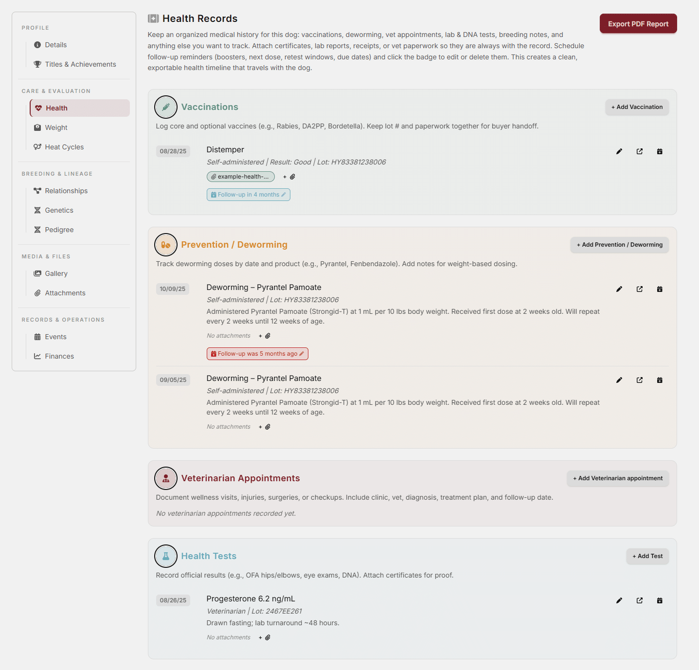 Health and vaccination tracker in BreederBuddy