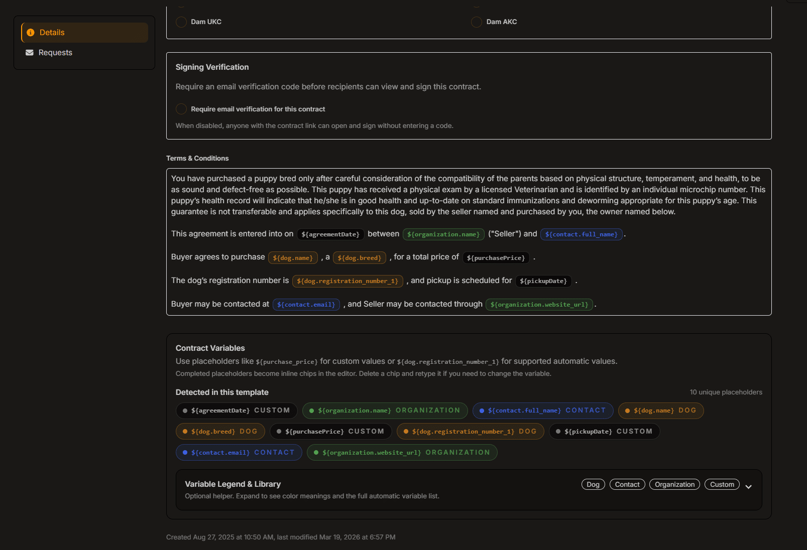 Reusable puppy contract template in BreederBuddy