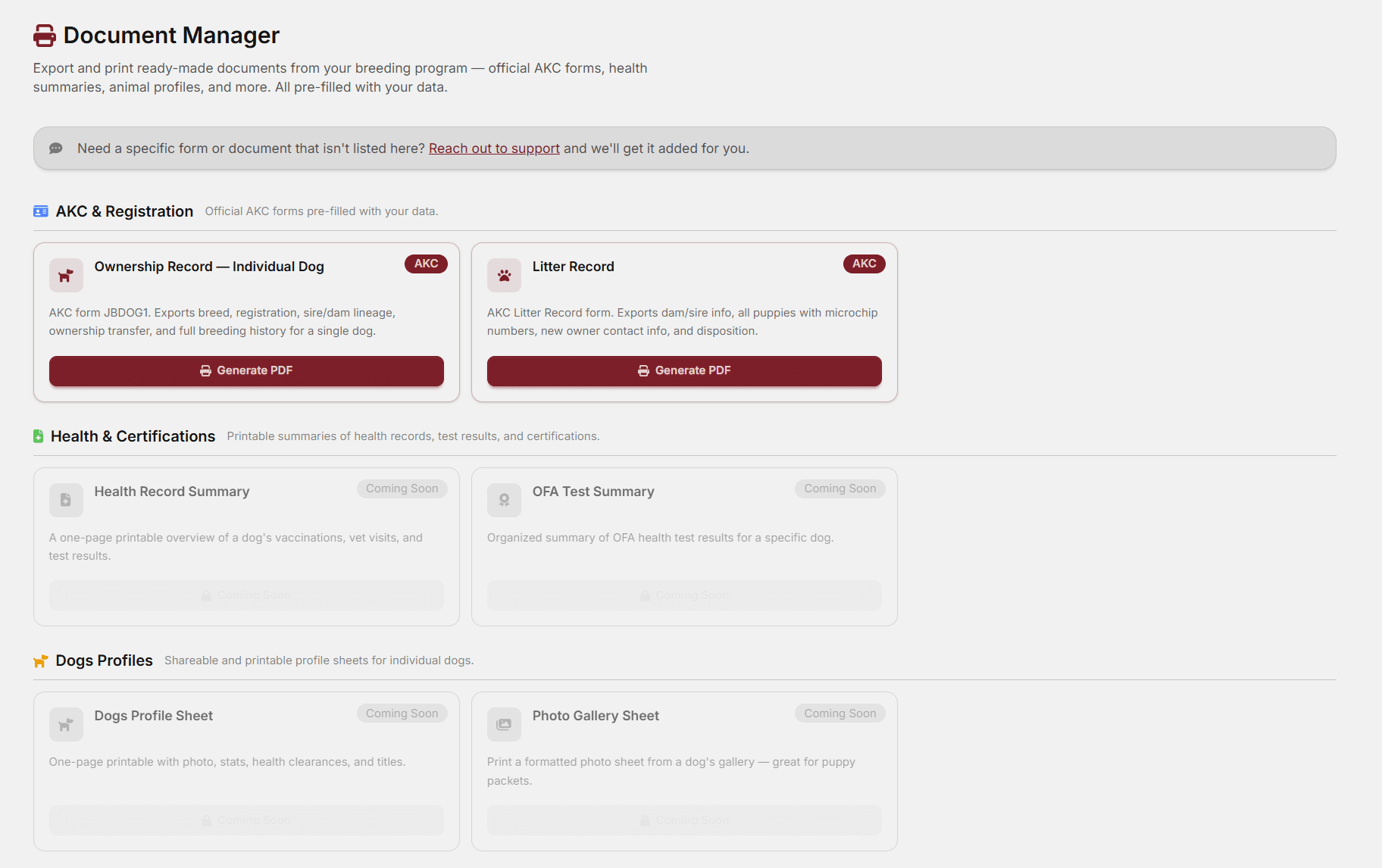 Documents organized on a dog's profile in BreederBuddy