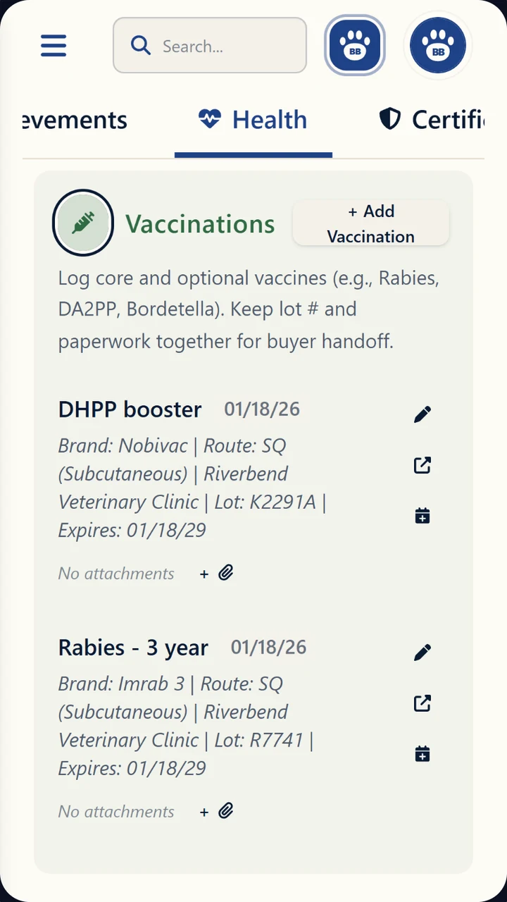 Dog vaccination and health records in the BreederBuddy breeding app
