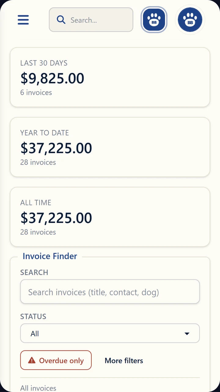 Invoices and revenue in the BreederBuddy dog breeding app