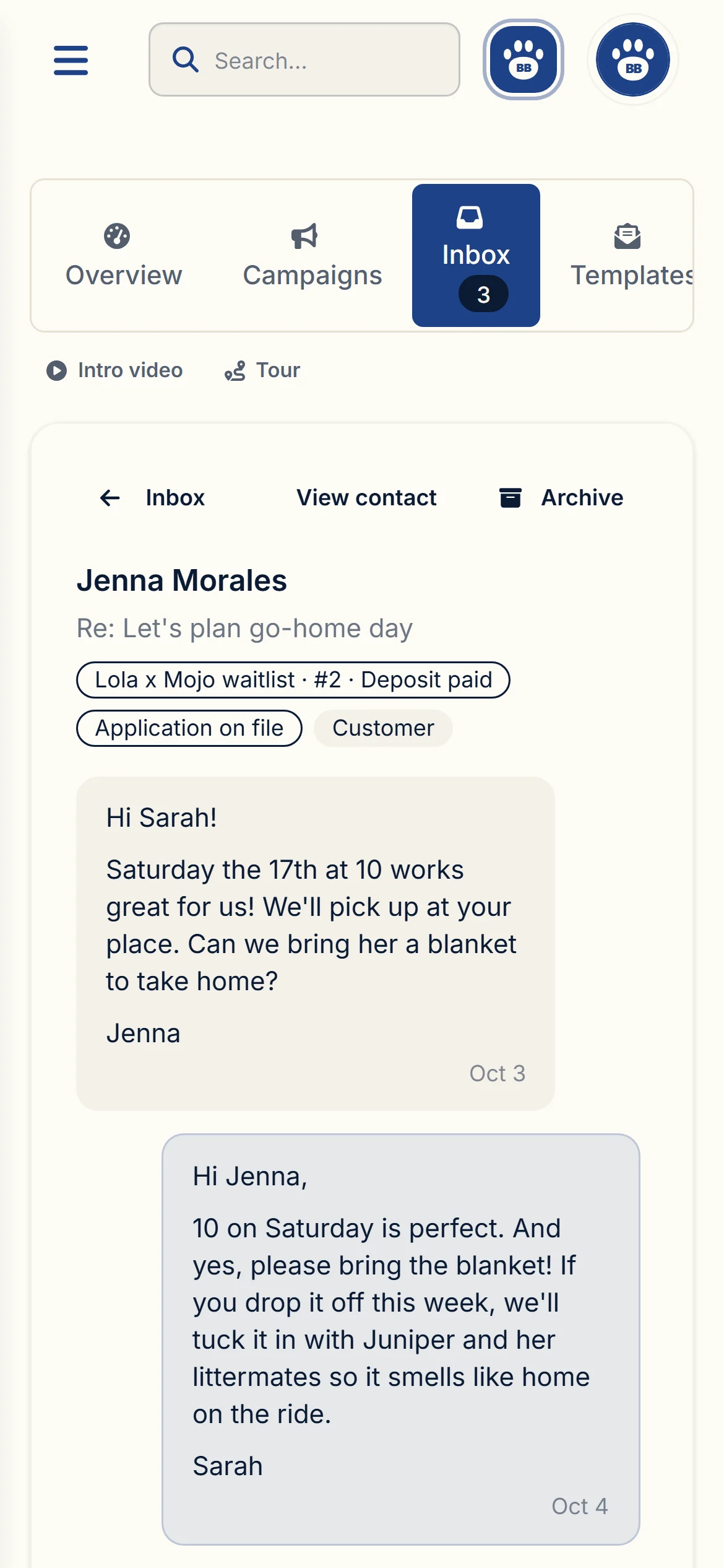 The same buyer conversation in the BreederBuddy app on a phone