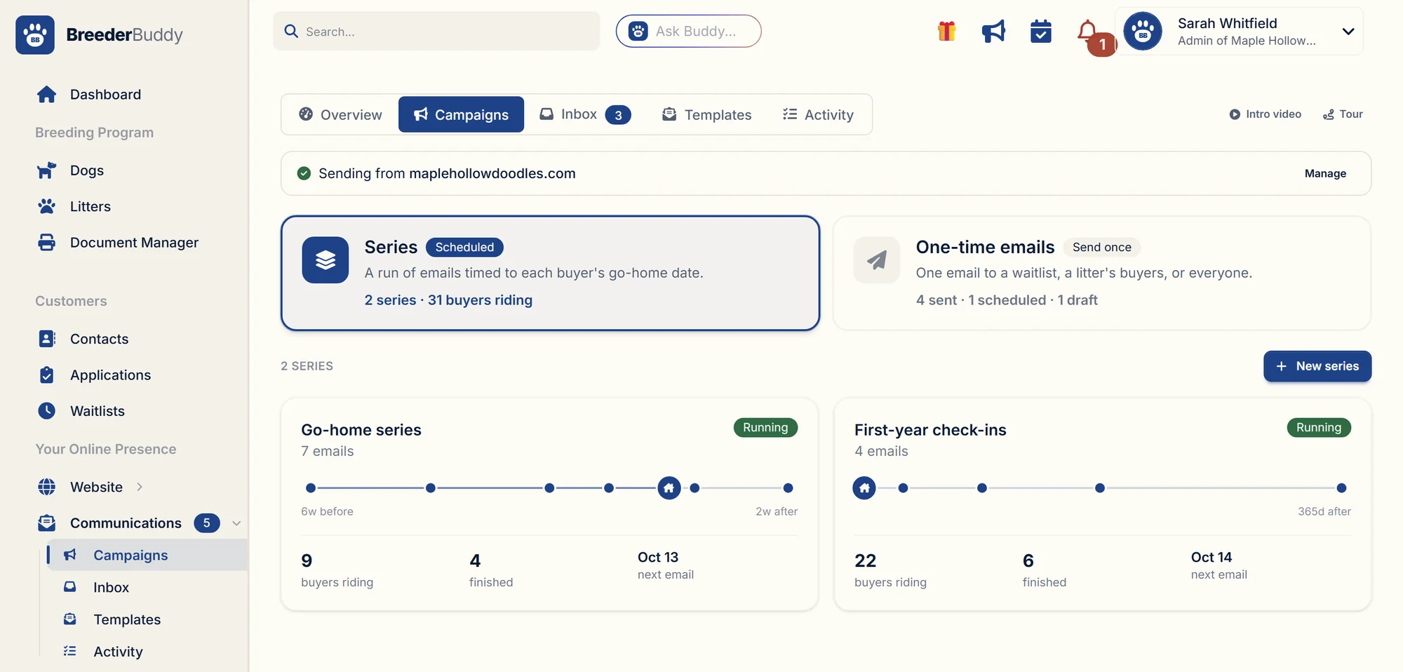 Campaigns in BreederBuddy: series and one-time emails sent from the breeder's own domain