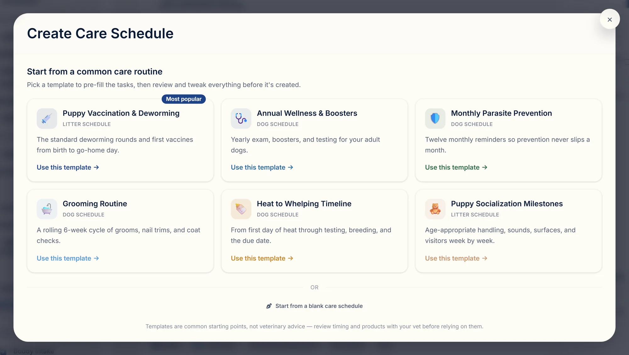 Care schedule templates for dog breeders in BreederBuddy