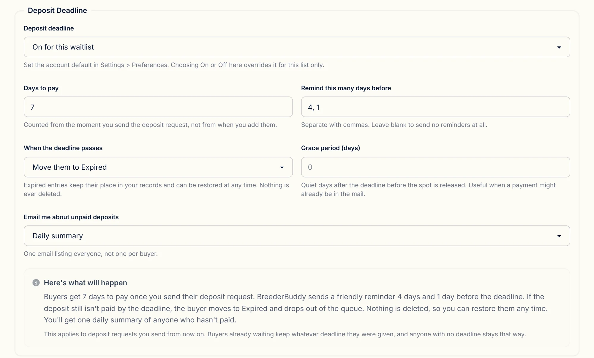 Deposit deadline settings on a BreederBuddy waitlist
