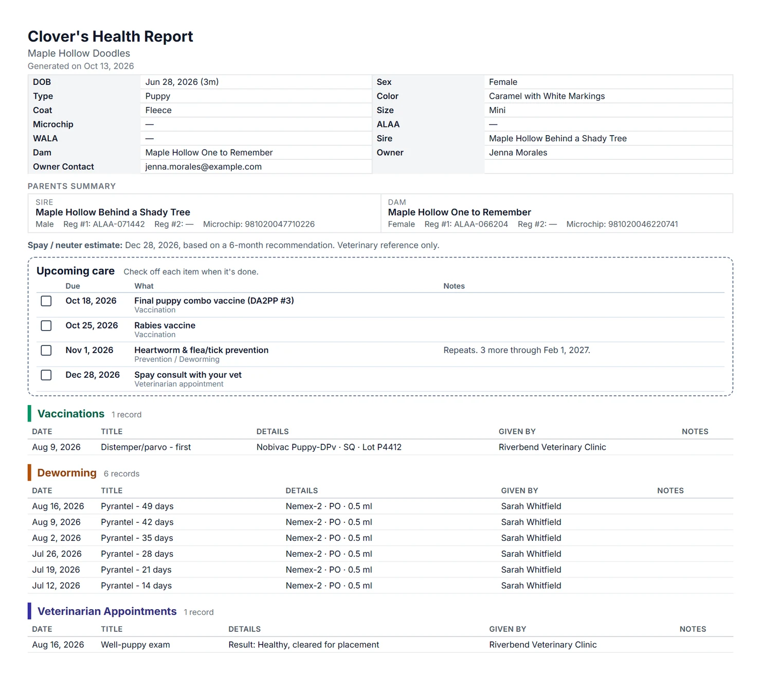 A puppy's go-home health report printed from BreederBuddy