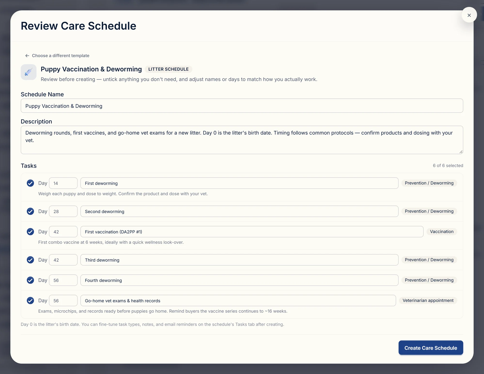 Reviewing a puppy vaccination and deworming schedule before applying it to a litter