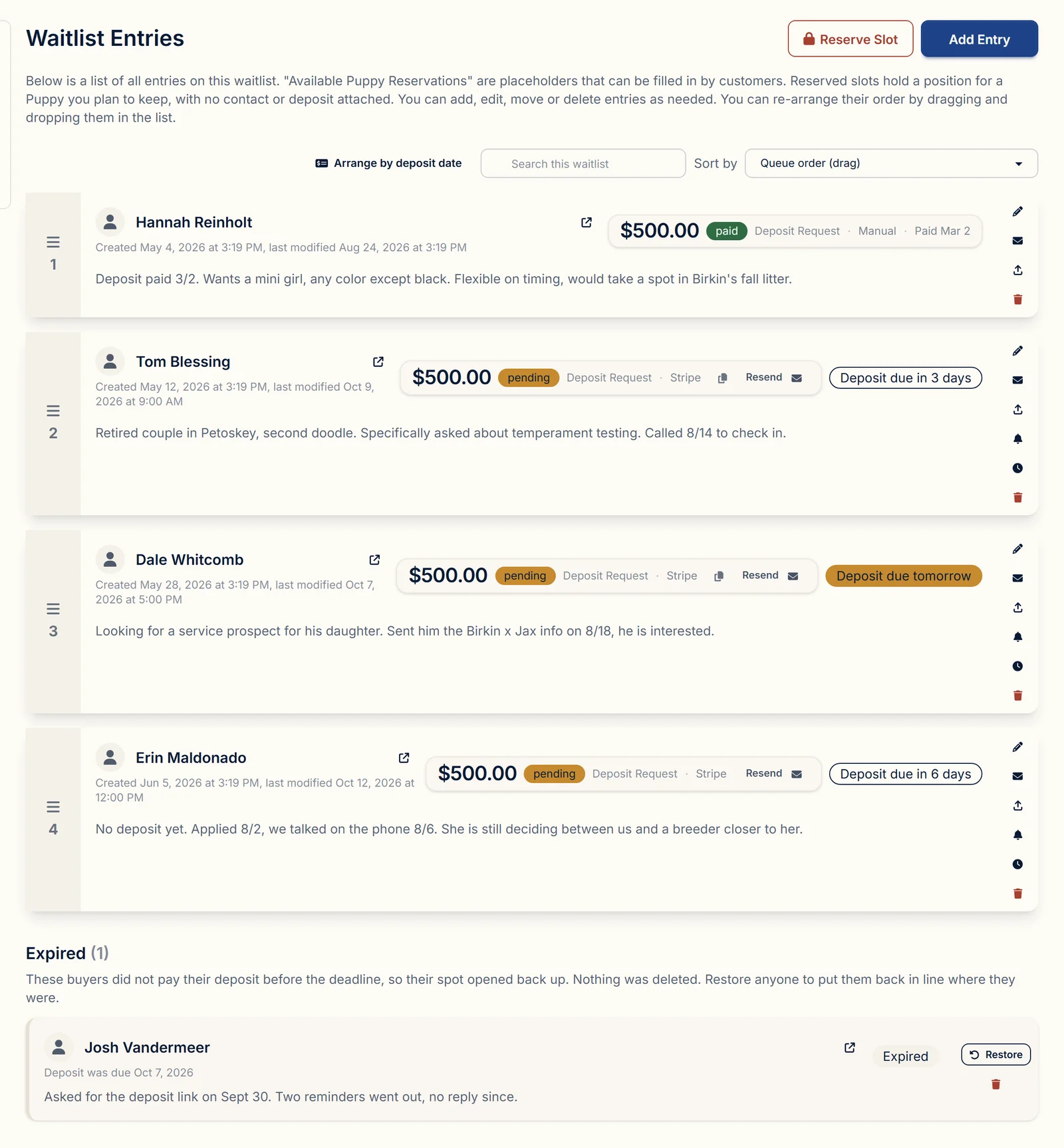 A puppy waitlist with deposit countdowns and an Expired section with a Restore button