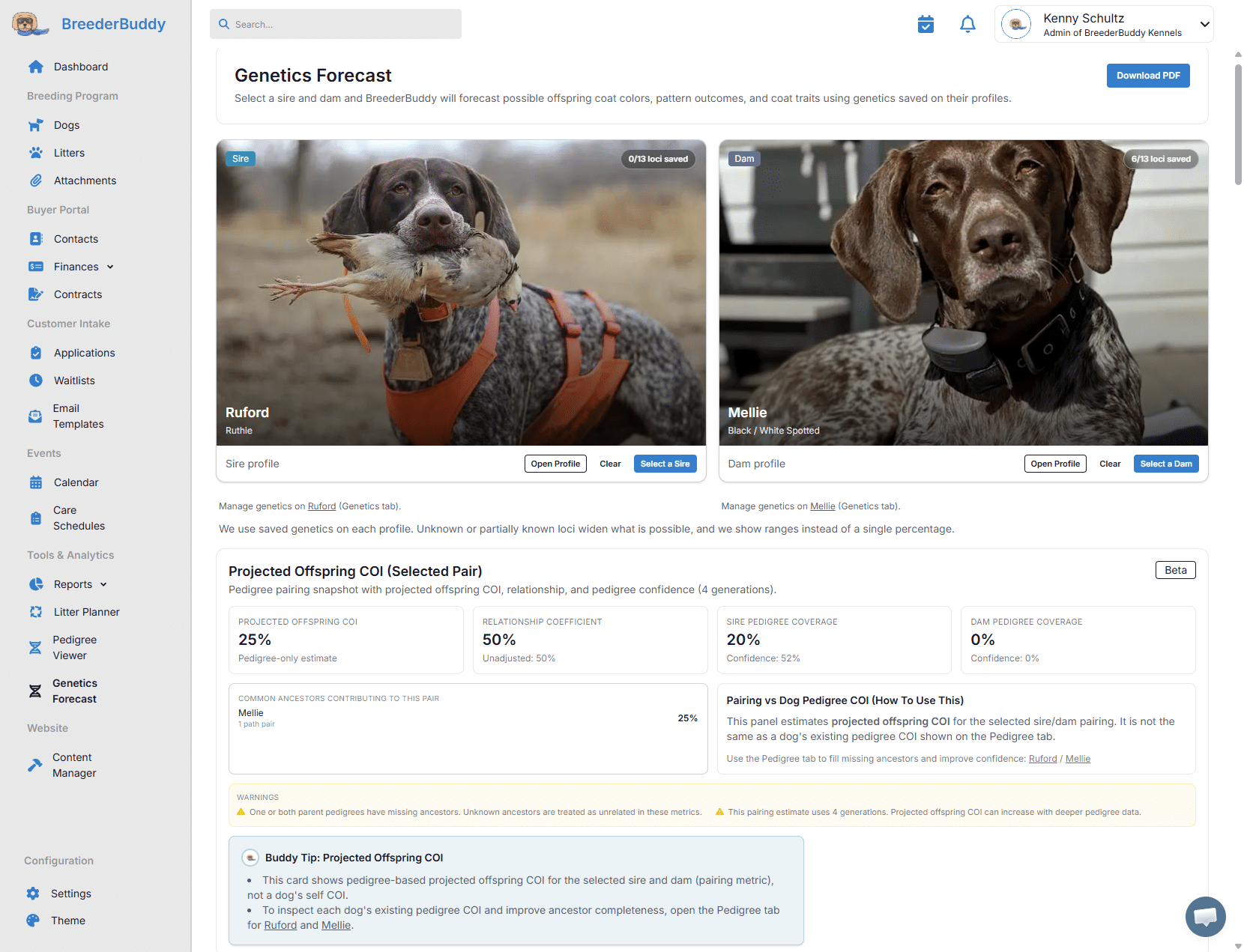 Preview genetics outcomes and projected offspring COI before committing to a pairing with our breederbuddy breeding app