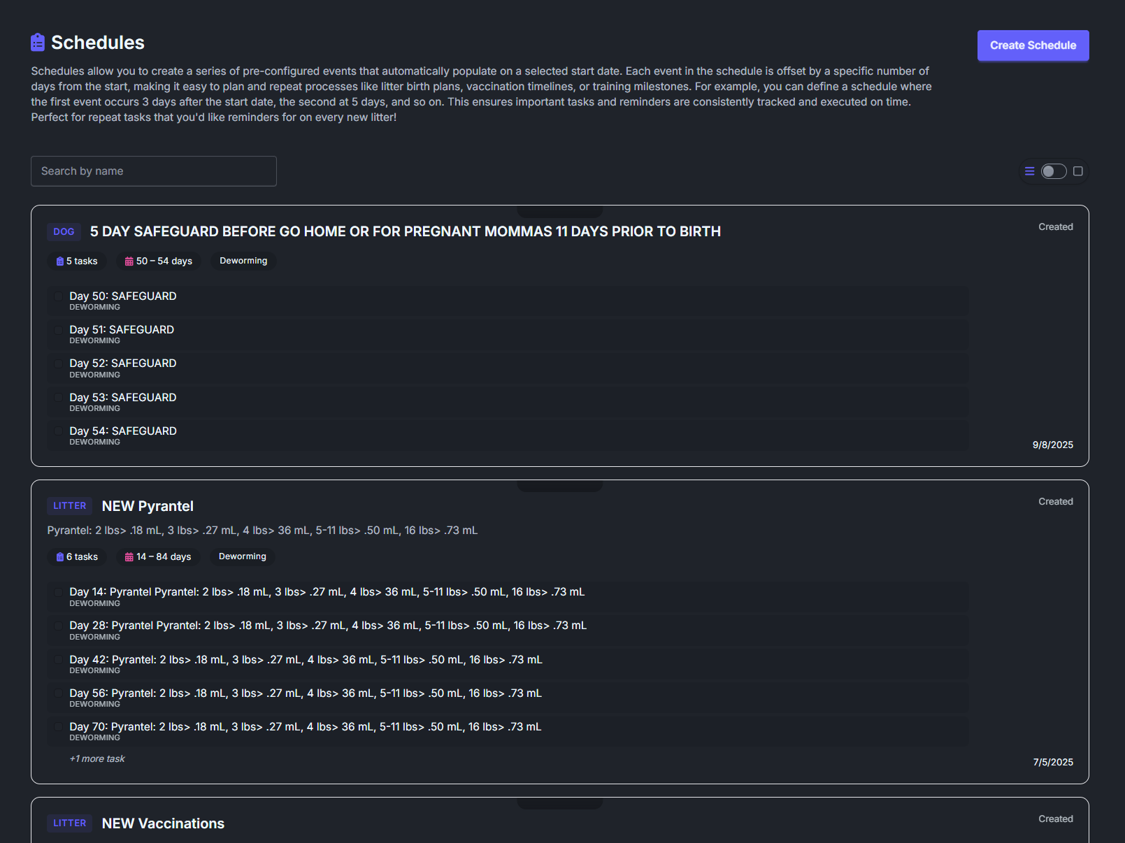 Care schedule templates in BreederBuddy