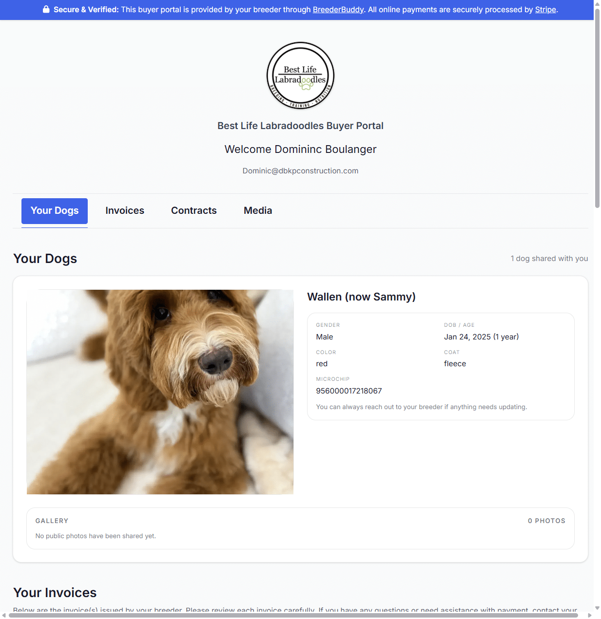 buyer portal for puppy buyer invoices, contracts and files